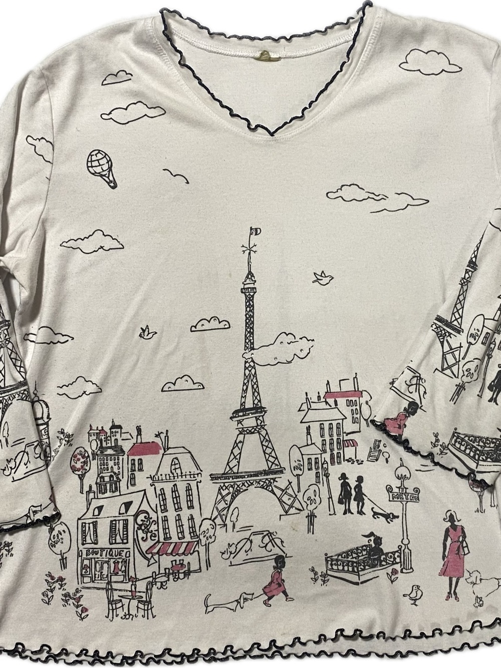 Paris Scene 3/4 Sleeve Tee in Cream with Black & Pink Accents